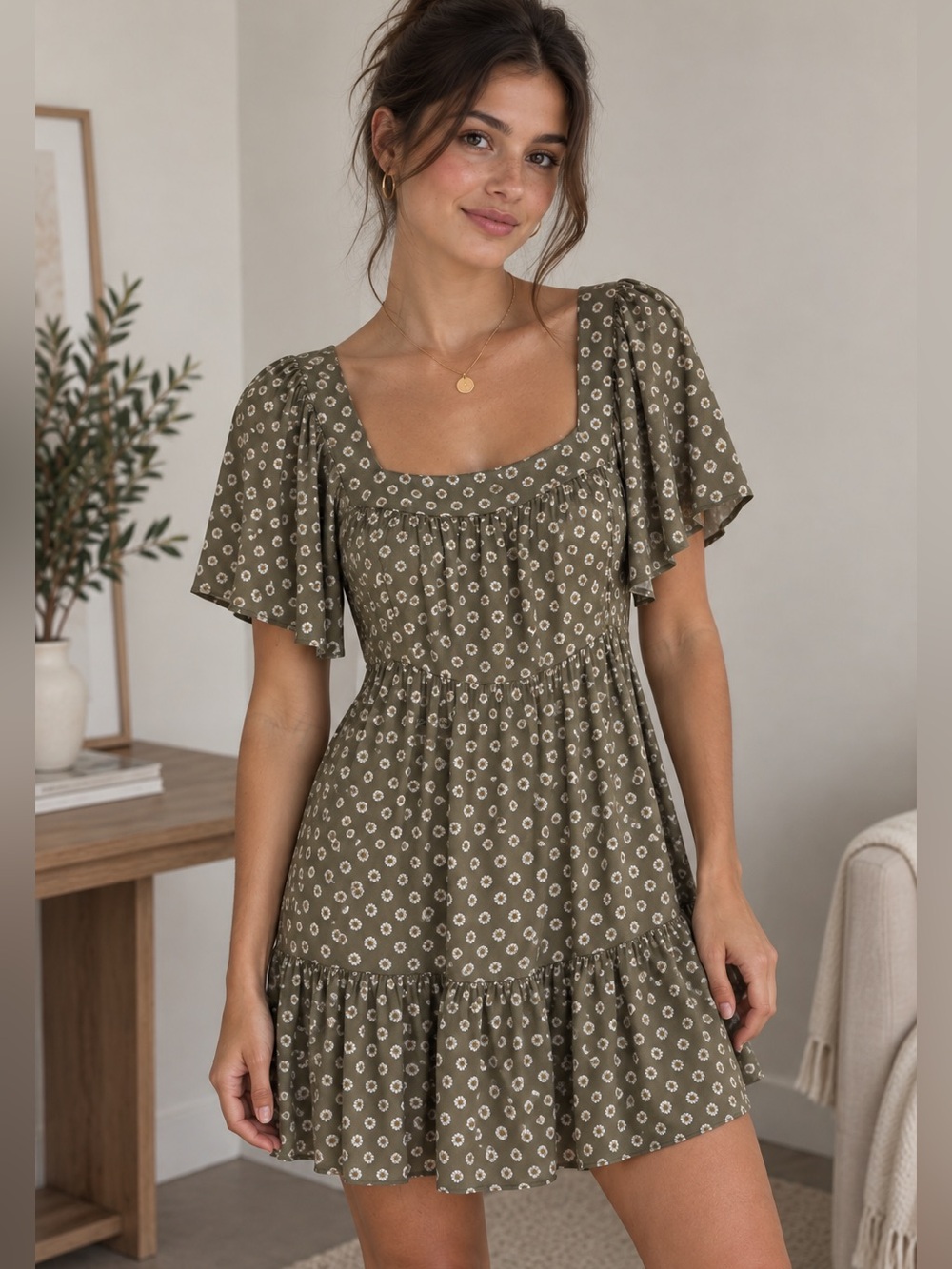 Olive Green Floral Square-Neck Mini Dress
